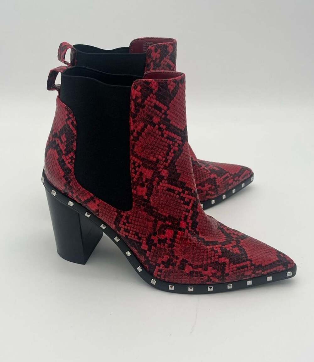 Charles David Red Snake-Print Studded Block Heel Booties Cowboy cowgirl 8.5